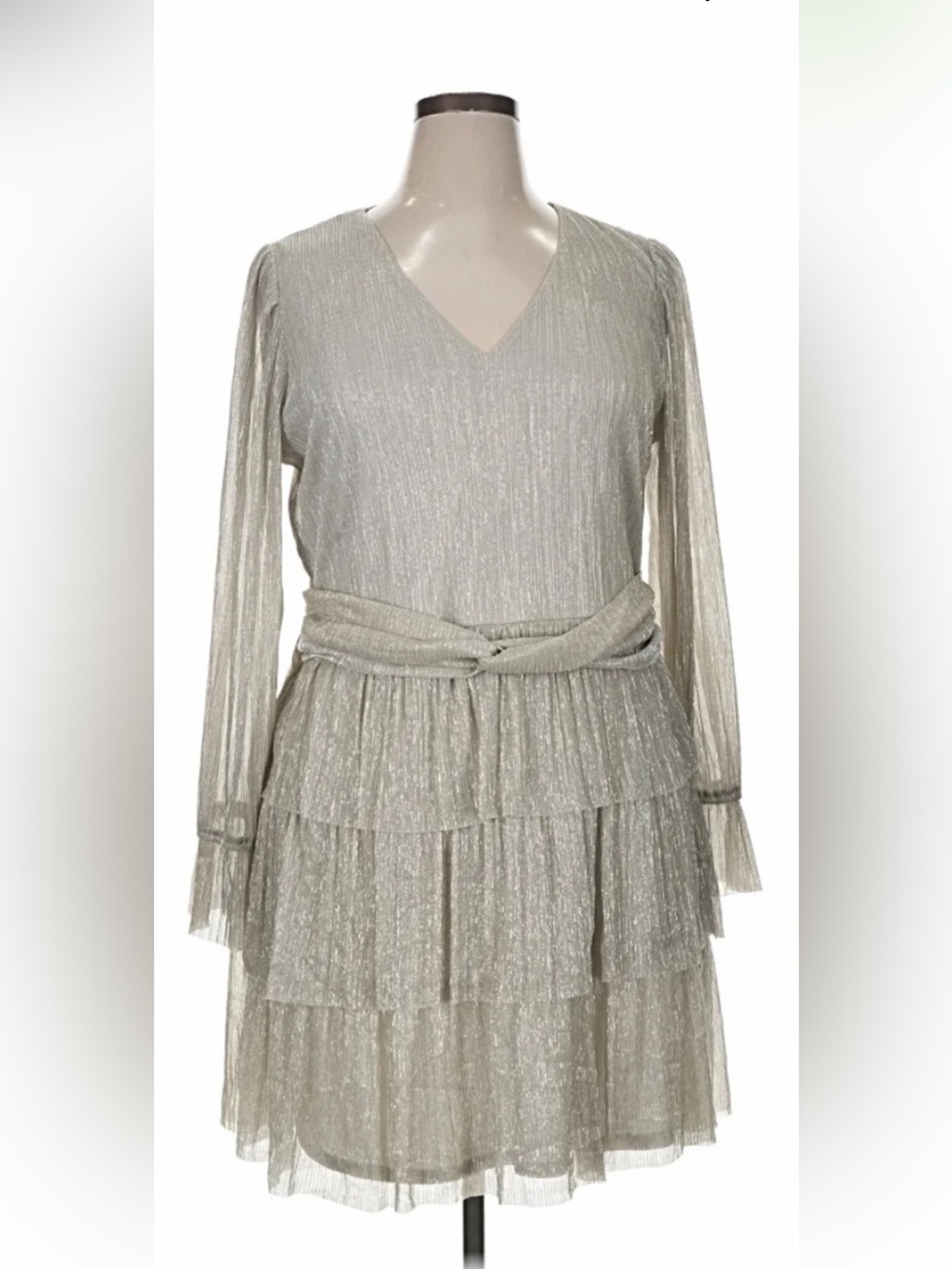 1. State XL Shimmery V-Neck Tiered Long-Sleeve Dress in Light Metallic